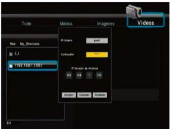 Todo Música Imágenes Videos Red My _Shortouts 7192.168.1.100.7 ID Usidario gout Contrasants GMS IP Serador de Archives 192 168 1 100 Aceptor Canceler Delgado 2/2