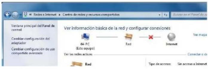 Ver información básica de la red y configurar conexiones 64-PC (Este equipo) Ver las redes activas Red Red Internet Ver mapa Tipo de acceso: Sin acceso a Internet