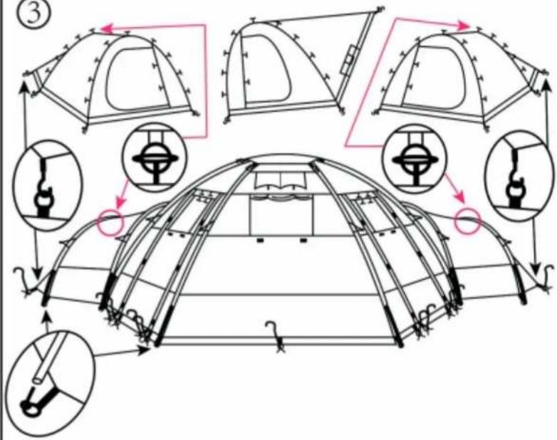 Diagram illustrating the structural components of a tent structure with labeled parts and directional arrows indicating assembly or installation.