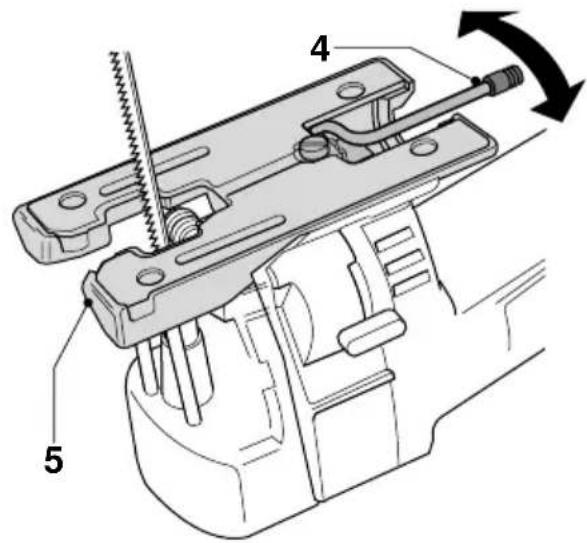 Technical diagram of a mechanical device with labeled parts and directional arrow indicating rotation or movement