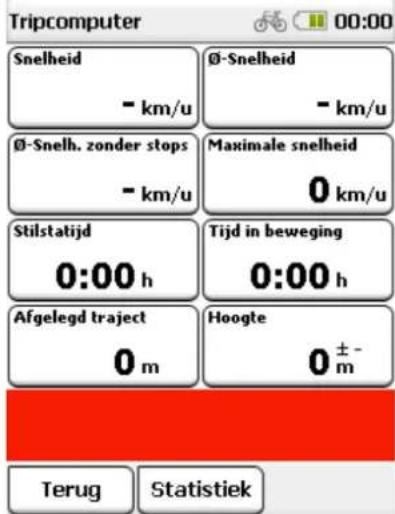 Tripcomputer 00:00 Snelheid - km/u Ø-Snelheid - km/u Ø-Snelh. zonder stops - km/u Maximale snelheid 0 km/u Stilstatijd 0:00 h Tijd in beweging 0:00 h Afgelegd traject 0 m Hoogte 0 ± - Terug Statistiek
