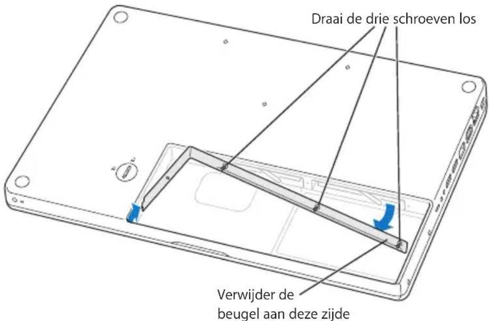 Draai de drie schroeven los Verwijder de beugel aan deze zijde
