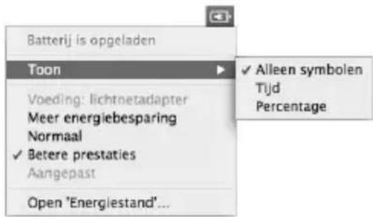 Batterij is opgeladen Toon Voeding: lichtnetadapter Meer energiebesparing Normaal ✓ Betere prestaties Aangepast Open 'Energiestand'... ✓ Alleen symbolen Tijd Percentage