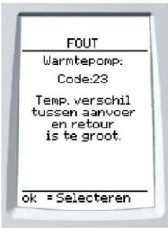 FOUT Warmtepomp: Code:23 Temp. verschil tussen aanvoer en retour is te groot. ok = Selecteren
