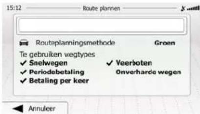 15:12 Route plannen Routeplanningsmethode Groen Te gebruiken wegtypes ✓ Snelwegen ✓ Veerboten ✓ Periodebetaling Onverharde wegen ✓ Betaling per keer Annuleer
