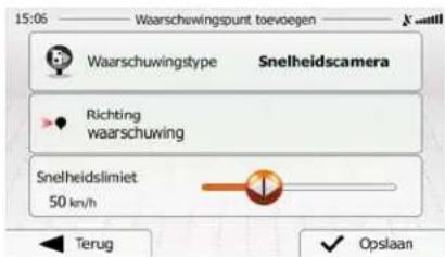 15:06 Waarschwingspunt toevoegen X -mill Waarschuwingtype Snelheidscamera Richting waarschuwing Snelheidslimiet 50 kn/h Terug ✓ Opslaan