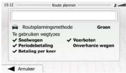15:12 Route plannen X Routeplanningsmethode Groen Te gebruiken wegtypes ✓ Snelwegen ✓ Veerboten ✓ Periodebetaling Onverharde wegen ✓ Betaling per keer Annuleer