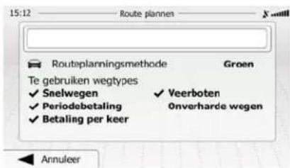 15:12 Route plannen Routeplanningsmethode Groen Te gebruiken wegtypes ✓ Snelwegen ✓ Veerboten ✓ Periodebetaling Onverharde wegen ✓ Betaling per keer Annuleer