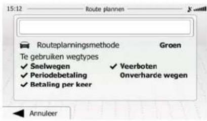 15:12 Route plannen Routeplanningsmethode Groen Te gebruiken wegtypes ✓ Snelwegen ✓ Veerboten ✓ Periodebetaling Onverharde wegen ✓ Betaling per keer Annuleer