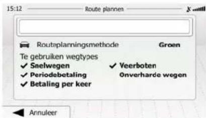 15:12 Route plannen Routeplanningsmethode Groen Te gebruiken wegtypes ✓ Snelwegen ✓ Veerboten ✓ Periodebetaling Onverharde wegen ✓ Betaling per keer Annuleer