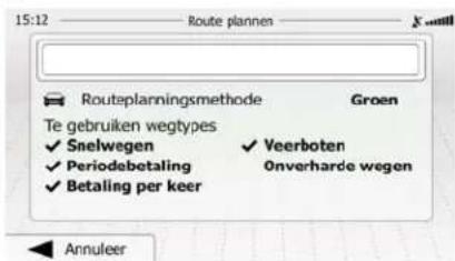 15:12 Route plannen Routeplanningsmethode Groen Te gebruiken wegtypes ✓ Snelwegen ✓ Veerboten ✓ Periodebetaling Onverharde wegen ✓ Betaling per keer Annuleer