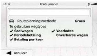 15:12 Route plannen Routeplanningsmethode Groen Te gebruiken wegtypes ✓ Snelwegen ✓ Veerboten ✓ Periodebetaling Onverharde wegen ✓ Betaling per keer Annuleer
