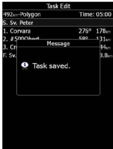 Task Edit 492km-Polygon Time: 05:00 S. Sv. Peter 1. Corvara 276° 178km 2. #500Obert 58° 131km Message 3. Cr 14km F. Sv. 3.8km i Task saved.