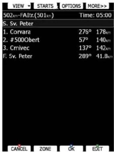 VIEW STARTS OPTIONS MORE>> 502km-FAItr(501km) Time: 05:00 S. Sv. Peter 1. Corvara 276° 178kmi 2. #500Obert 57° 140kmi 3. Crnivec 137° 142kmi F. Sv. Peter 289° 41.8kmi CANCEL ZONE OK EDIT