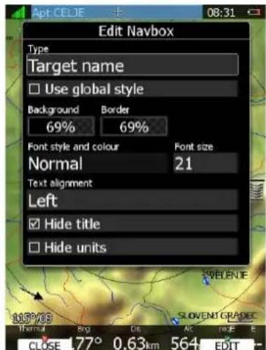 Edit Navbox Type Target name Use global style Background Border 69% 69% Font style and colour Font size Normal 21 Text alignment Left Hide title Hide units 157°03 SLOVENI GRADEC Thermal Brg Dis At page E CLOSE 77° 0.63km 564 EDIT
