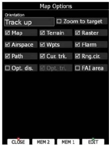 Map Options Orientation Track up Zoom to target Map Terrain Raster Airspace Wpts Harm Path Cur.trk. Rng.cir. Opt.dis. Opt.tri. FAI area CLOSE MEM 2 MEM 1 EDIT