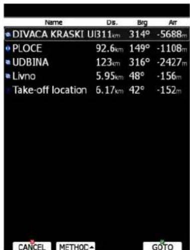 Name Ds. Brg Arr DIVACA KRASKI UI311km 314° -5688m PLOCE 92.6km 149° -1108m UDBINA 123km 316° -2427m Livno 5.95km 48° -156m Take-off location 6.17km 42° -152m CANCEL METHOD GOTO