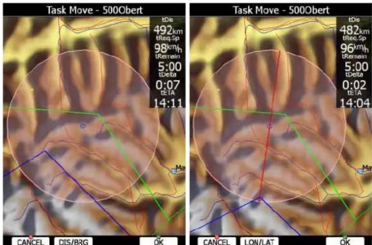 Task Move - 500Obert tDis 492km tReq Sp 98km/h tRemain 5:00 tDelta 0:07 tETA 14:11 Task Move - 500Obert tDis 482km tReq Sp 96km/h tRemain 5:00 tDelta 0:02 tETA 14:04 CANCEL DIS/BRG OK CANCEL LON/LAT OK