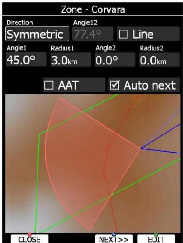 Zone - Corvara Direction Symmetric Angle12 77.4° Line Angle1 45.0° Radius1 3.0km Angle2 0.0° Radius2 0.0km □ AAT □ Auto next CLOSE NEXT>> EDIT