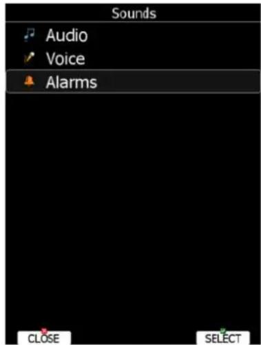 Sounds Audio Voice Alarms CLOSE SELECT