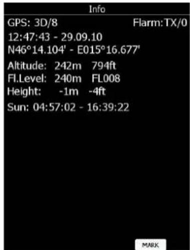Info GPS: 3D/8 Flarm:TX/0 12:47:43 - 29.09.10 N46°14.104' - E015°16.677' Altitude: 242m 794ft Fl.Level: 240m FL008 Height: -1m -4ft Sun: 04:57:02 - 16:39:22
