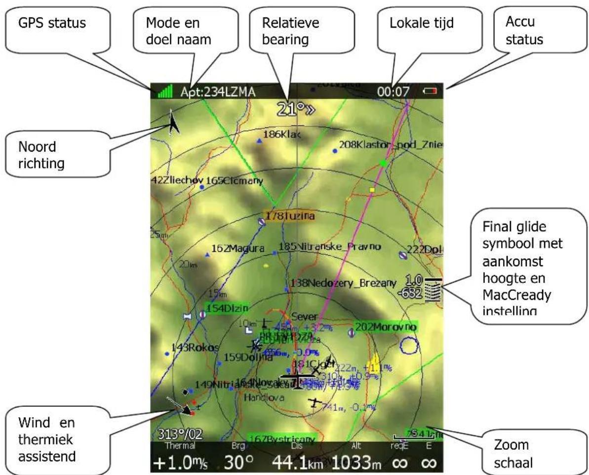 GPS status Mode en doel naam Relatieve bearing Lokale tijd Accu status Noord richting Apt:234LZMA 00:07 21°» 186Klak 208Klastor_pod_Znie 42Zliechov 169Cicmany 178Iuzina 162Magura 185Nitranske_Pravno 222Dol 138Nedozery_Brezany 1.0 -632 Final glide symbol met aankomst hoogte en MacCready instellinn Sever 202Morovno 143Rokos 159Dolina 181Cjgert 222m, +1.1mS 149Nitriak_Sekau Handlova 741m, -0.1mS 313°/02 Thermal Brg Dis Alt reqE E +1.0mS 30° 44.1km 1033m ∞ ∞ Zoom schaal