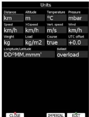 Units Distance Altitude Temperature Pressure km m °C mbar Speed XCspeed Vert. speed Wind km/h km/h m/s km/h WeightLoad Course UTC offset kg kg/m2(true)+0.0 Longitude/Latitude Baliast DD°MM.mmm' overload CLOSE IMPERIAL EDIT