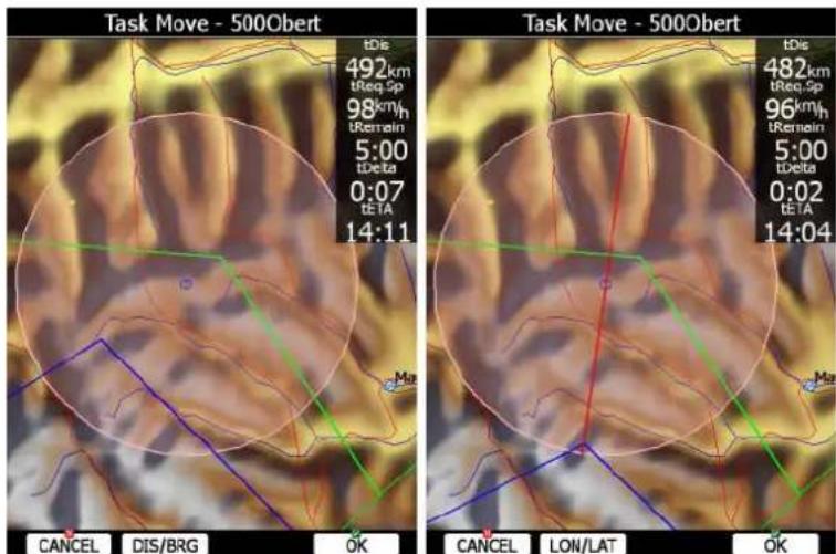 Task Move - 500Obert tDis 492km tReq Sp 98km/h tRemain 5:00 tDelta 0:07 tETA 14:11 Task Move - 500Obert tDis 482km tReq Sp 96km/h tRemain 5:00 tDelta 0:02 tETA 14:04 CANCEL DIS/BRG OK CANCEL LON/LAT OK