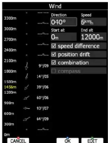 Wind 3300m 3000m 2700m 2400m 2100m 1800m 1500m 1456m 1200m 900m 600m 300m 0m Direction Speed 040° 6km/h Start alt End alt 0m 12000m speed difference position drift combination compass 14°/05 39°/06 60°/06 93°/07 64°/09 CANCEL OK EDIT