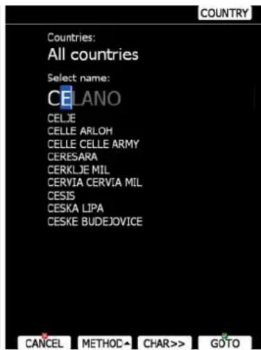 Countries: All countries Select name: CELANO CELJE CELLE ARLOH CELLE CELLE ARMY CERESARA CERKLJE MIL CERVIA CERVIA MIL CESIS CESKA LIPA CESKE BUDEJOVICE CANCEL METHOD CHAR>> GOTO