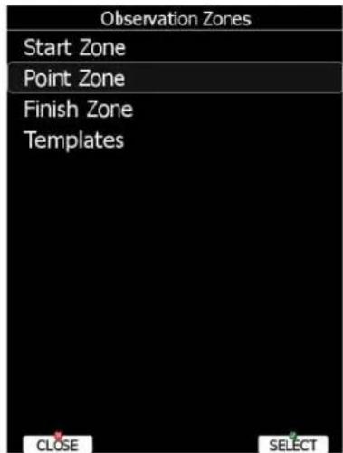 Observation Zones Start Zone Point Zone Finish Zone Templates CLOSE SELECT