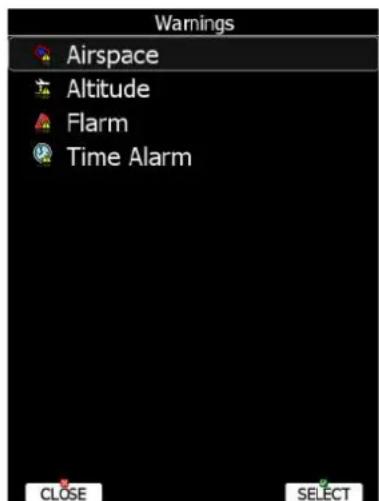 Warnings Airspace Altitude Flarm Time Alarm CLOSE SELECT