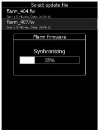 Select update file flarm_404.fw Size: 1.5 MBytes, Date: 29.09.10 flarm_407.fw Size: 1.5 MBytes, Date: 29.09.10 Flarm firmware Synhronizing 25%