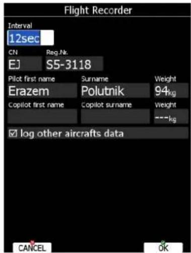 Flight Recorder Interval 12sec CN Reg.Nr. EJ S5-3118 Pilot first name Surname Weight Erazem Polutnik 94kg Copilot first name Copilot surname Weight log other aircrafts data CANCEL OK