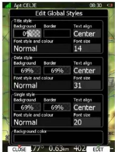Apt-CELE 08:30 Edit Global Styles Title style Background Border Text align 0% Center Font style and colour Font size Normal 14 Data style Background Border Text align 69% 69% Center Font style and colour Font size Normal 31 Single style Background Border Text align 69% 69% Center Font style and colour Font size Normal 20 Background color CLOSE 77° 0.63km 402 EDIT