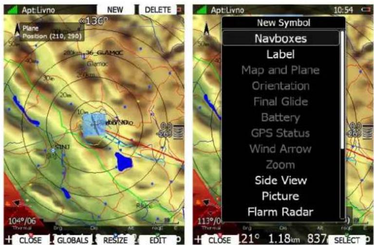 AptLivno Plane Position (210, 290) 20km 36-GAMOC Glamoc 250cm 20m 10m SINT EHT Place 104°/06 Thermal CLOSE GLOBALS RESIZE EDIT 113°/06 Brg Dis AE Rege E New Symbol Navboxes Label Map and Plane Orientation Final Glide Battery GPS Status Wind Arrow Zoom Side View Picture Flarm Radar Brg Dis AE Rege E 10:54 113°/06 Thermal CLOSE 21° 1.18um 837 SELECT