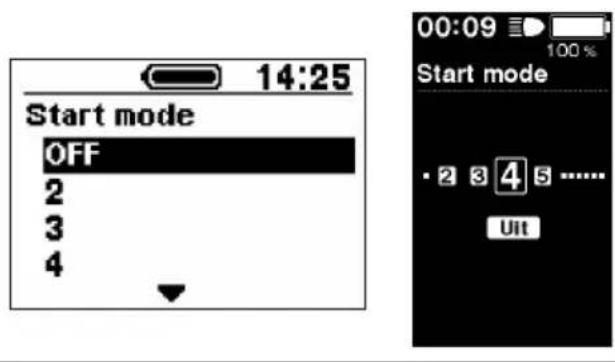 14:25 Start mode OFF 2 3 4 00:09 100% Start mode • 2 3 4 5 ...... Uit