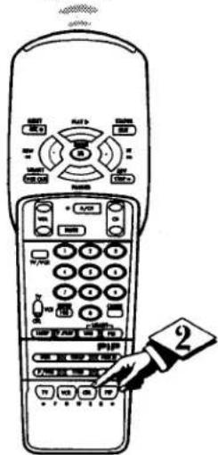 Line drawing of a remote control with labeled buttons and a pointer indicating the number 2