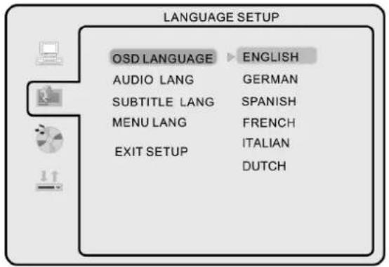 LANGUAGE SETUP OSD LANGUAGE ▶ ENGLISH AUDIO LANG GERMAN SUBTITLE LANG SPANISH MENU LANG FRENCH EXIT SETUP ITALIAN DUTCH