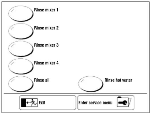 Rinse mixer 1 Rinse mixer 2 Rinse mixer 3 Rinse mixer 4 Rinse all Rinse hot water Exit Enter service menu