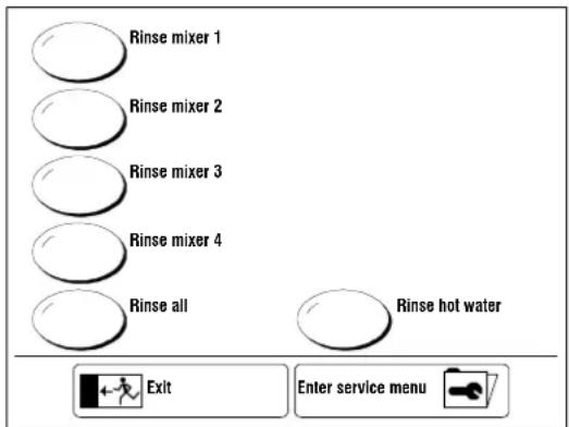 Rinse mixer 1 Rinse mixer 2 Rinse mixer 3 Rinse mixer 4 Rinse all Rinse hot water Exit Enter service menu