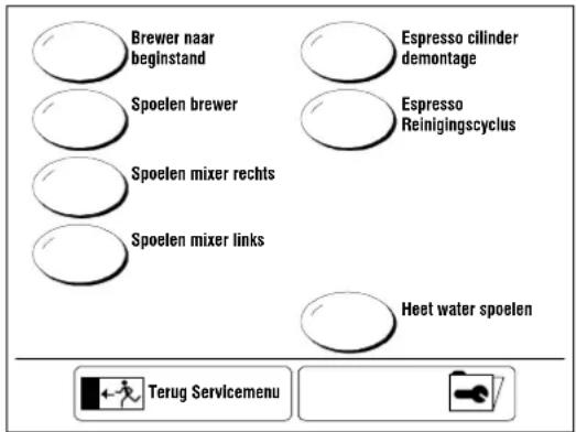 Brewer naar beginstand Espresso cilinder demontage Spoelen brewer Espresso Reinigingscyclus Spoelen mixer rechts Heet water spoelen Spoelen mixer links Terug Servicemenu