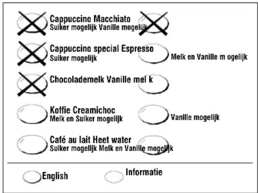 Cappuccino Macchiato Suiker mogelijk Vanille mogelijk Cappuccino special Espresso Suiker mogelijk Melk en Vanille mogelijk Chocolademelk Vanille mel k Koffie Creamichoc Melk en Suiker mogelijk Vanille mogelijk Café au lait Heet water Suiker mogelijk Melk en Vanille mogelijk English Informatie