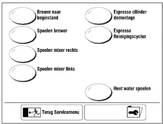 Brewer naar beginstand Espresso cilinder demontage Spoelen brewer Espresso Reinigingscyclus Spoelen mixer rechts Spoelen mixer links Heet water spoelen Terug Servicemenu