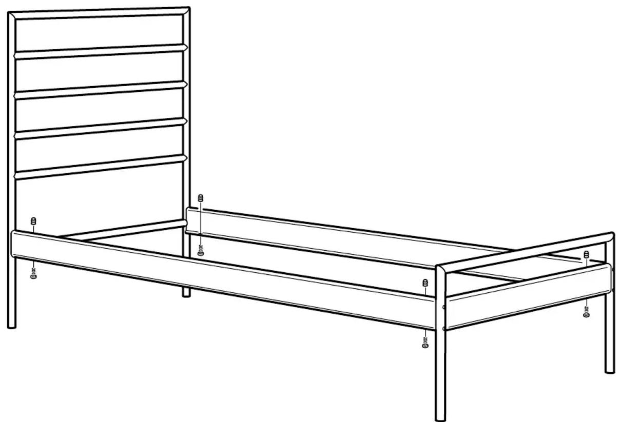 Line drawing of a simple wooden bed with vertical supports and horizontal ribs (no text or symbols)