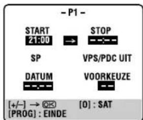 - P1 - START 21:00 → STOP SP VPS/PDC UIT DATUM VOORKEUZE [+/-] → OK [PROG] : EINDE [0] : SAT