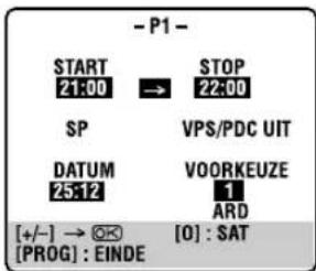 - P1 - START 21:00 → STOP 22:00 SP VPS/PDC UIT DATUM 25:12 VOORKEUZE 1 ARD [+/-] → OK [0] : SAT [PROG] : EINDE