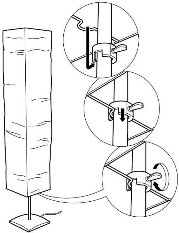 Diagram illustrating cable installation steps with magnified views of the cable being inserted into a vertical support.
