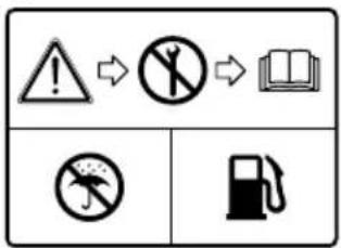 Safety warning icons including warning sign, no crossing symbol, open book, no hazard symbol, and fuel pump
