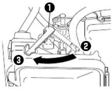 Diagram showing mechanical assembly with numbered parts and directional arrow indicating motion